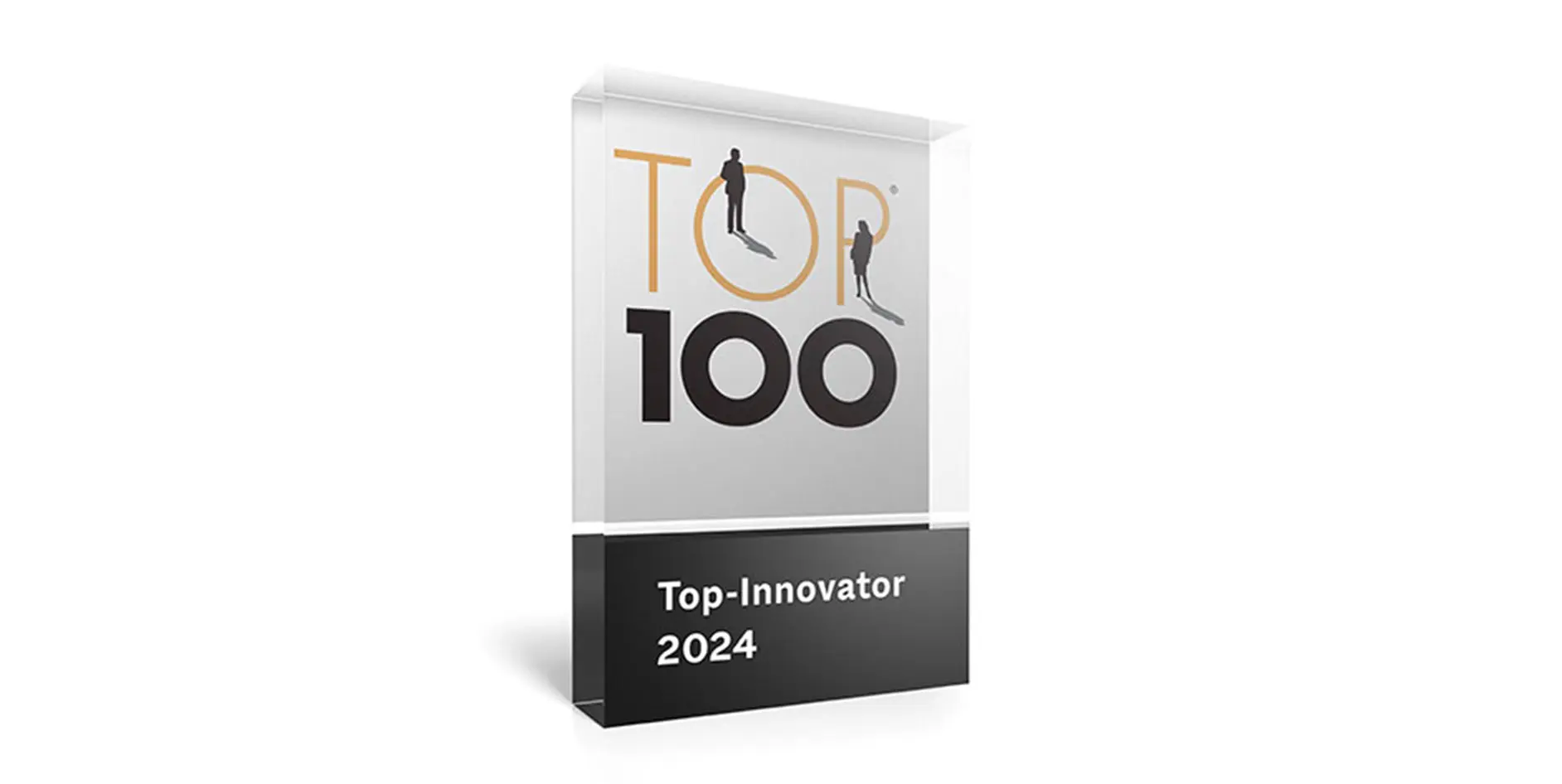 Transparente Auszeichnung mit der Aufschrift Top 100 Top-Innovator 2024 in schwarzer und goldener Schrift.