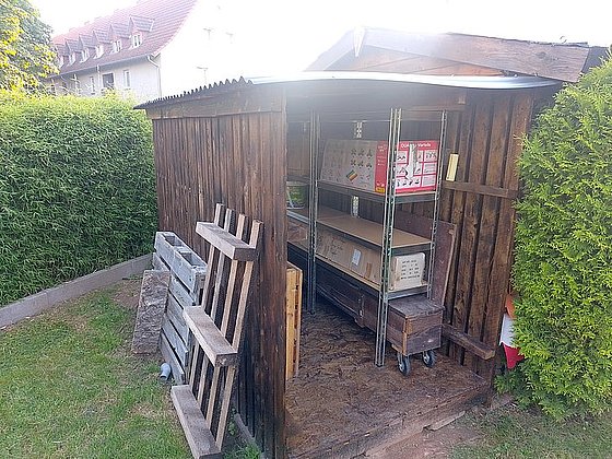 Ein Gartenhäuschen aus Holz mit Regalen im Inneren, umgeben von Grün und Holzpaletten.