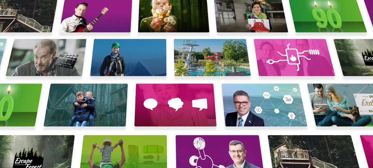 Ein Raster aus verschiedenen Fotos, darunter Menschen, Landschaften und Symbole, auf einem weißen Hintergrund