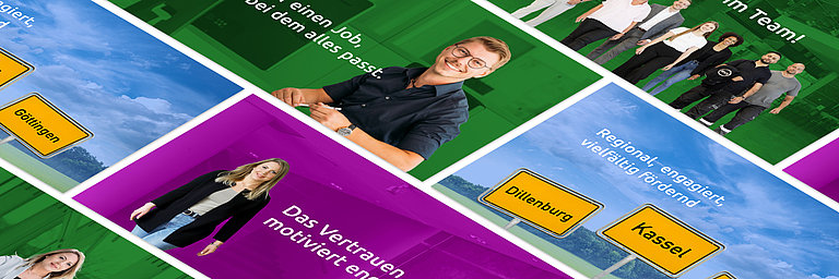 Kollage aus bunten Hintergründen mit Texten und Bildern von mehreren Personen, die zusammenarbeiten und sich engagieren.