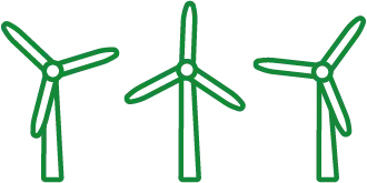 Drei grüne Windkraftanlagen mit Rotorblättern, die sich im Wind drehen.