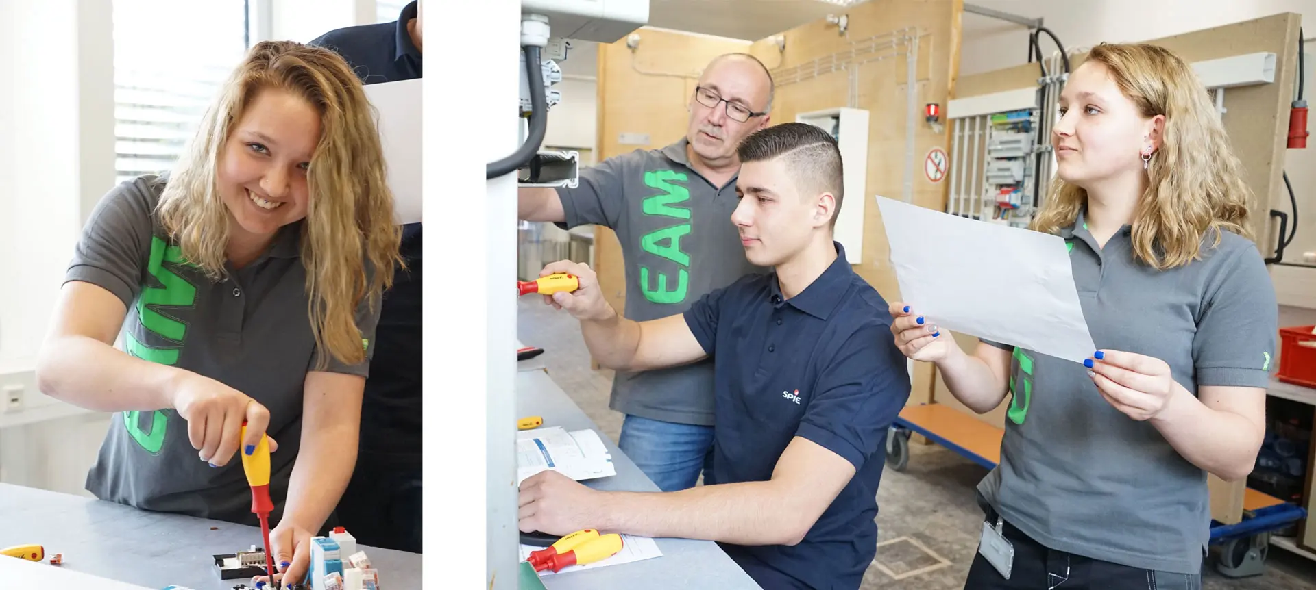 Drei Auszubildende arbeiten gemeinsam an einem Projekt, nutzen Werkzeuge und halten Arbeitsdokumente in einem Schulungsraum.