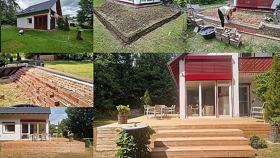 Montage eines Gartens mit Terrasse und Pflasterarbeiten an einem modernen Haus in grünem Umfeld.