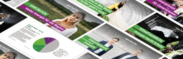 Diverse Ansicht von mehreren Bildschirmseiten des EAM Geschäftsberichts und weiterer Inhalte mit Fotos und Texten zur Energiewende und Nachhaltigkeit.