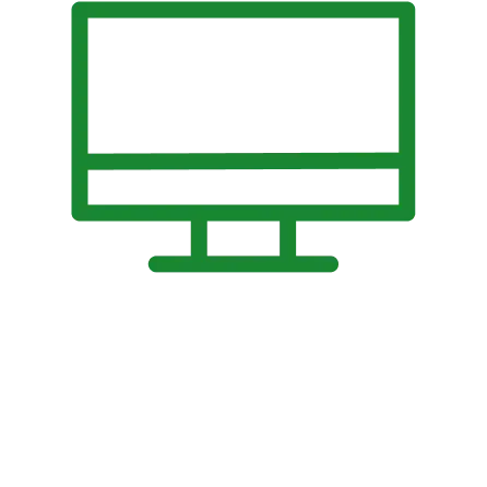 Grünes Symbol eines Computers mit Monitor und Standfuß auf weißem Hintergrund.
