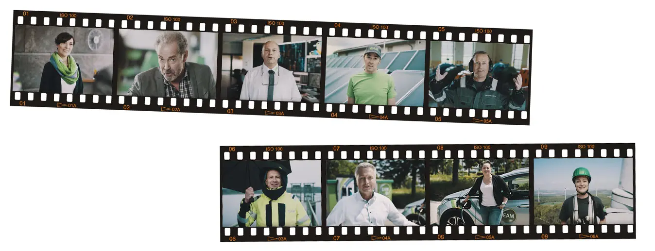 Eine Filmstreifen-Kollage mit mehreren Personen, die unterschiedliche Berufe und Aktivitäten darstellen, in einem professionellen Umfeld.
