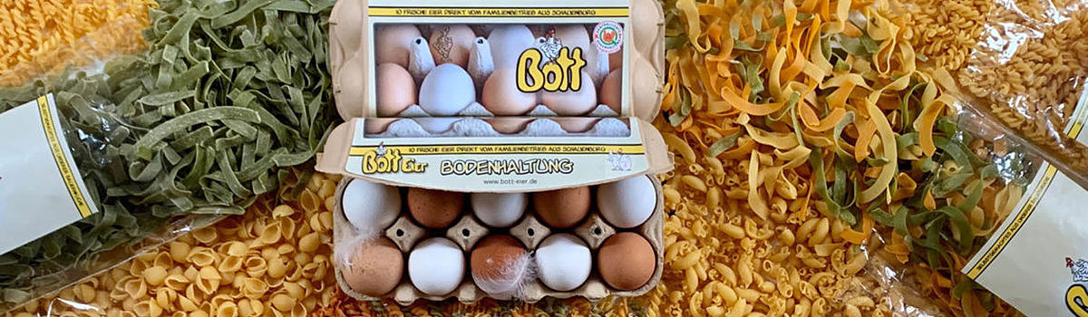 Verschiedene Sorten Nudeln und ein Eierkarton auf einer bunten Teigunterlage arrangiert.