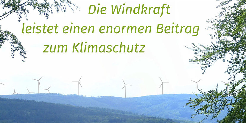 Windkraftanlagen im Hintergrund mit dem Text Die Windkraft leistet einen enormen Beitrag zum Klimaschutz.
