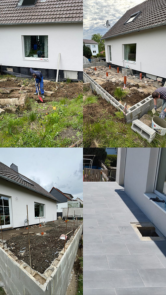 Bauarbeiten an einem Haus: Gärtner gräbt, Mauern werden errichtet, neuer Bodenbelag wird verlegt.