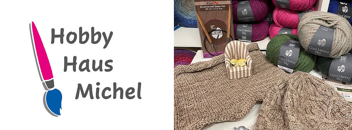 Logo von Hobby Haus Michel mit verschiedenen Wollknäulen und Strickzutaten auf einem Tisch.