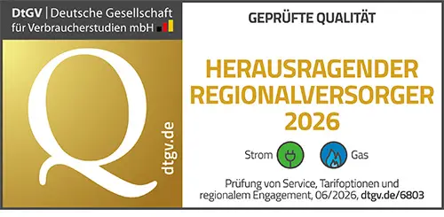 Zertifikat der Deutschen Gesellschaft für Verbraucherstudien für den herausragenden Regionalversorger 2024 mit Informationen zu Qualität und Service.