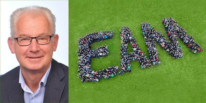 Porträt von Robert Haastert, daneben ein weiteres Bild einer Menschenansammlung, die die Buchstaben EAM auf einer Wiese bildet.