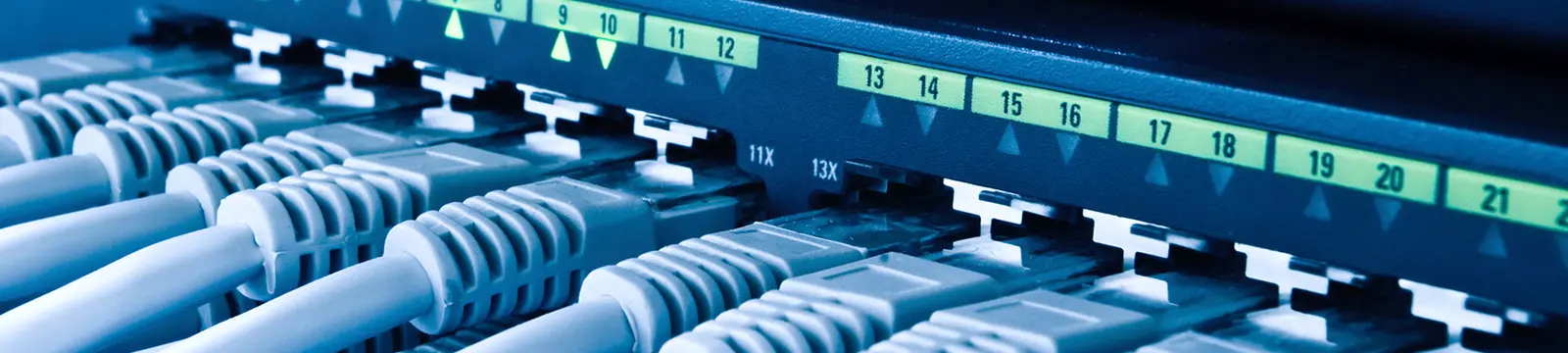 Nahaufnahme eines Netzwerk-Switches mit mehreren angeschlossenen Ethernet-Kabeln und leuchtenden Statusanzeigen.