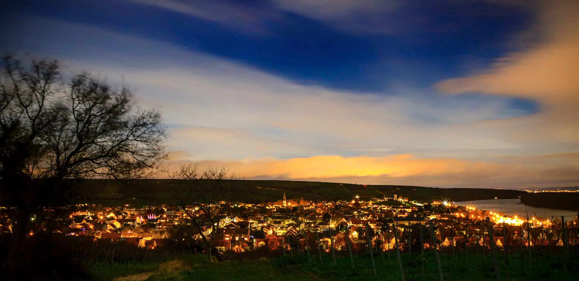 Abendlicher Blick über die beleuchtete Stadt Nierstein am Rhein, mit Weinbergen im Vordergrund und bewölktem Himmel.