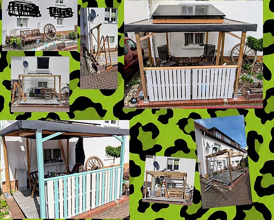 Bilder eines neu gestalteten Außenbereichs mit Pavillon, Möbeln und Gartendetails in moderner Umgebung.