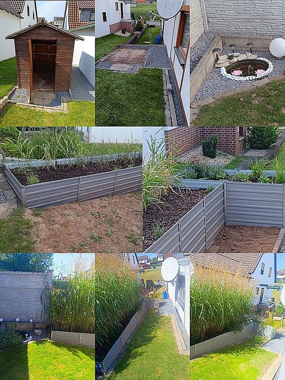Mehrere Bilder zeigen einen Garten mit einem Schuppen, Beeten, Pflastersteinen und einer Wasserstelle.