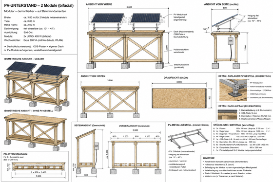 Diagramm eines modularen PV-Unterstands mit zwei bifacialen Solarmodulen, inklusive Maße und Aufbauhinweisen.