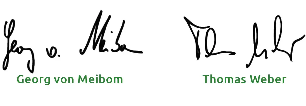 Unterschriften von Georg von Meibom (links) und Thomas Weber (rechts) auf weißem Hintergrund.