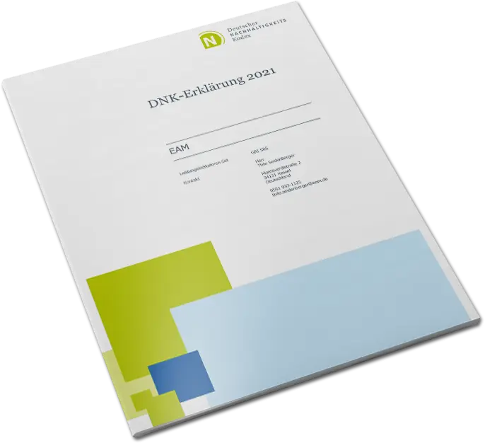 Deckblatt der DNK-Erklärung 2021, mit Titel, Kontaktdaten und grafischen Elementen in unterschiedlichen Farben.