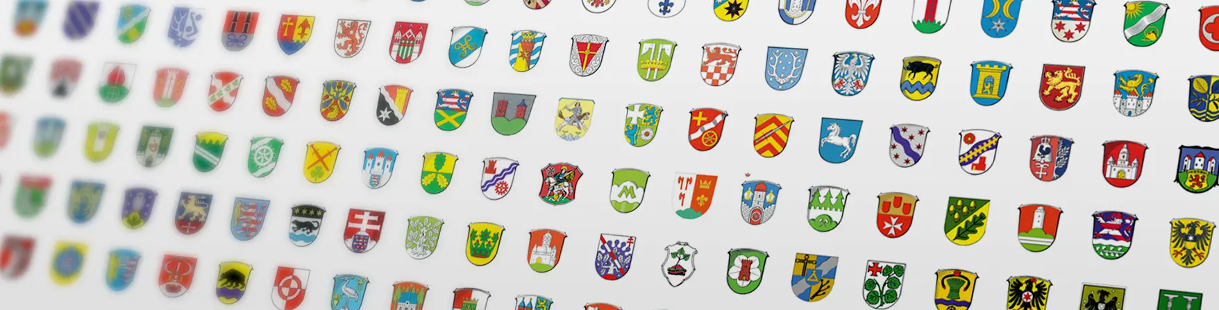 Dichte Ansammlung von Wappen von deutschen Städten und Gemeinden, schildförmig und in verschiedenen Farben