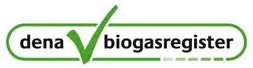 Logo des dena Biogasregisters mit einem Häkchen, das die Anerkennung von Biogasanlagen symbolisiert.