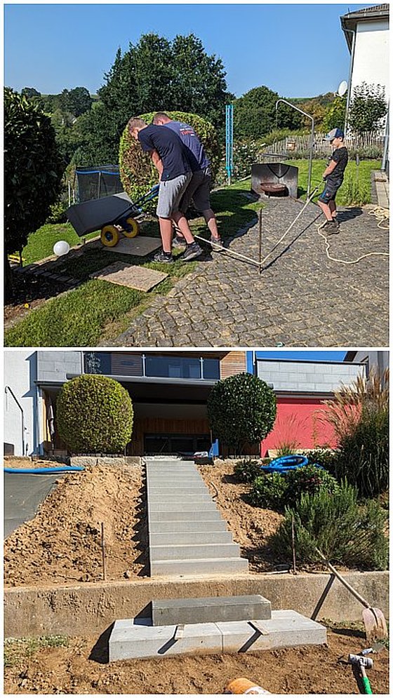 Zwei Bilder: Oben Männer arbeiten im Garten, unten eine neu angelegte Treppe mit bepflanztem Bereich.