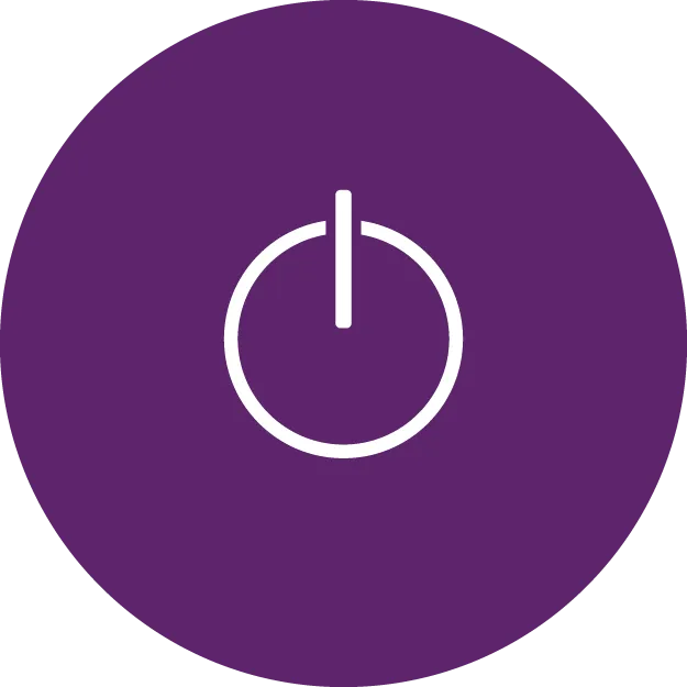 Symbol für den Netzschalter in einer runden lila Grafik.