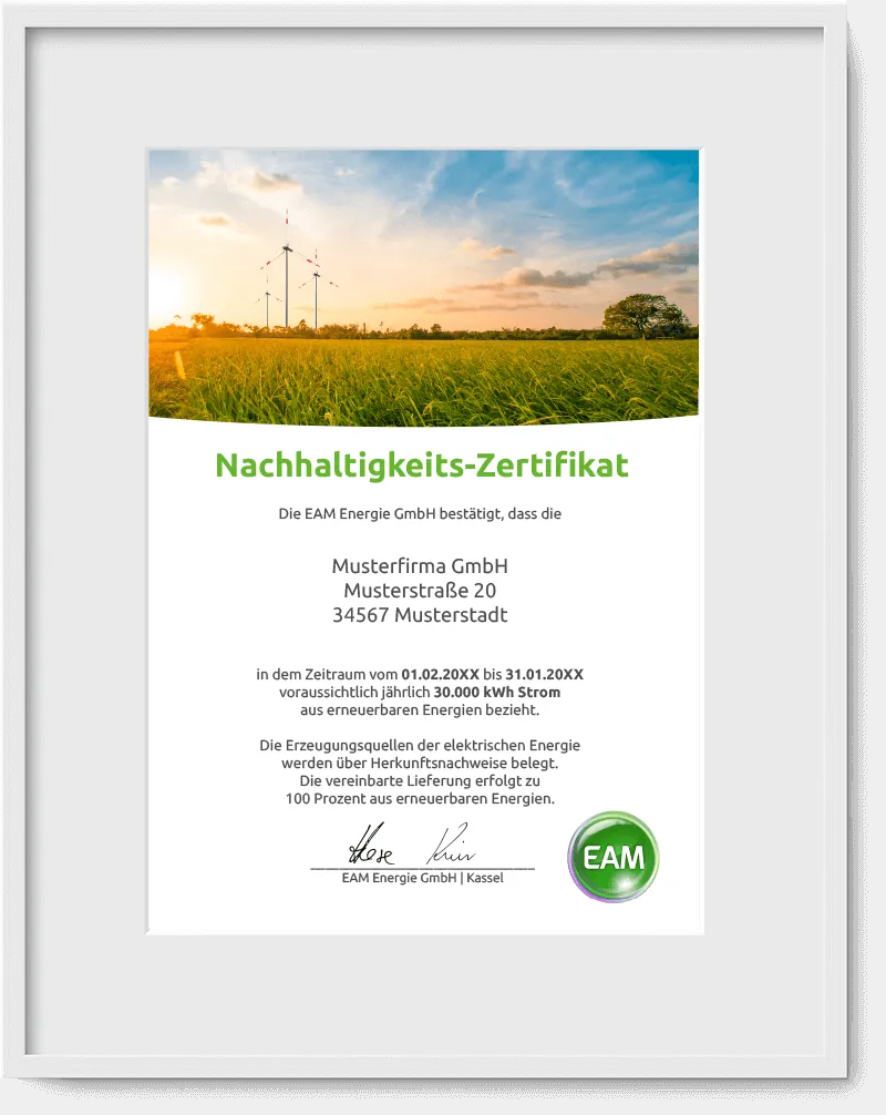 Nachhaltigkeitszertifikat der EAM Energie GmbH für Musterfirma GmbH, bestätigt erneuerbare Energiebezug.