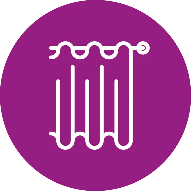 Symbol eines Vorhangs auf lila Hintergrund.