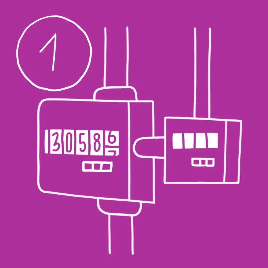 Illustration eines Zählers mit der Anzeige "30586"" auf lila Hintergrund. Eine Eins ist in einer Ecke platziert."