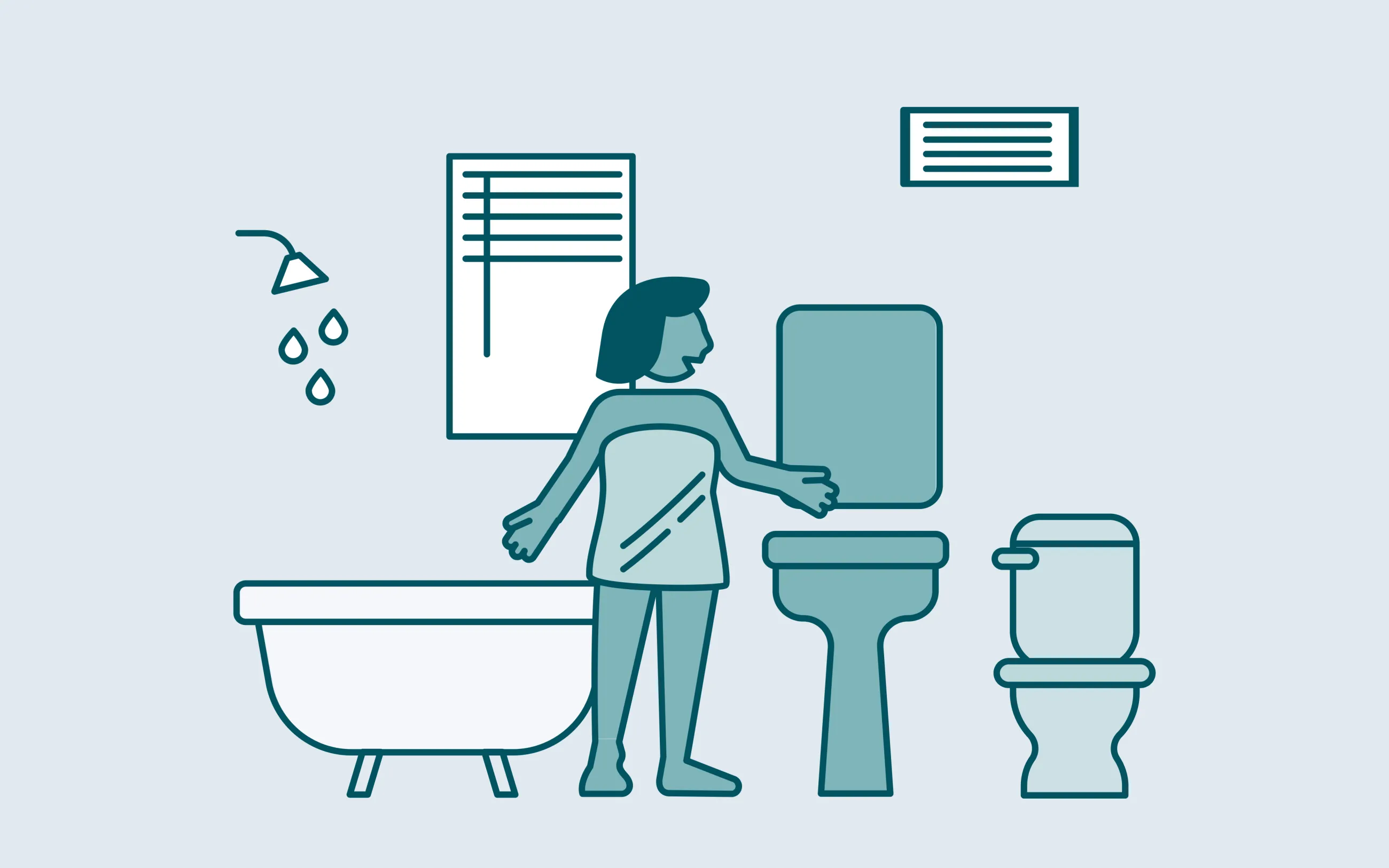 Illustration einer Person, die in einem Badezimmer mit Badewanne und WC steht.