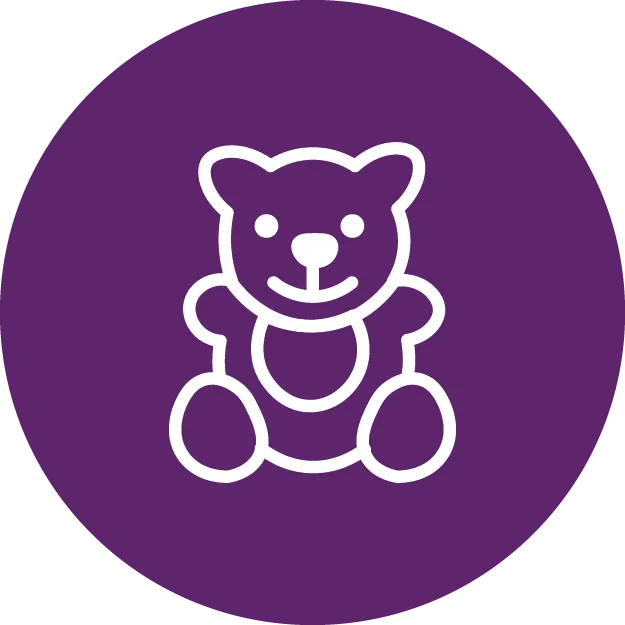 Ein schlichtes, ikonisches Teddybär-Symbol auf lila Hintergrund.