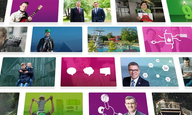 Collage aus verschiedenen Bildern von Menschen, Aktivitäten und Symbolen in bunten Hintergründen.