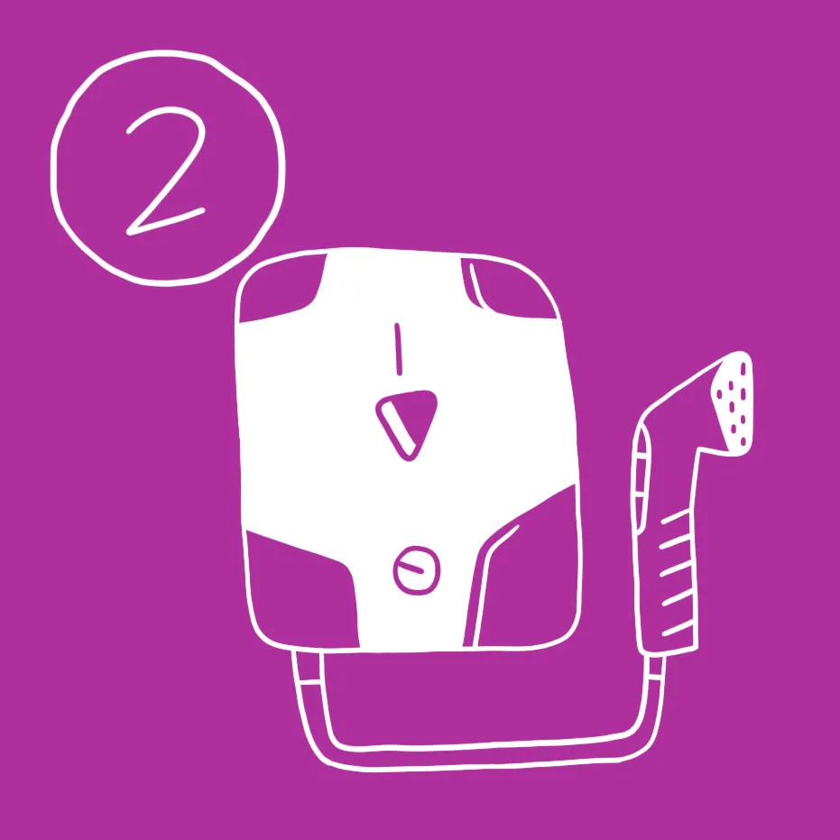 Illustration einer Wallbox mit einem Schlauch und der Zahl 2 auf lila Hintergrund.