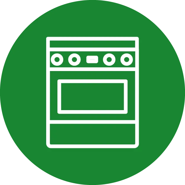 Icon eines Herdes mit Knöpfen und Backofen auf grünem Hintergrund.