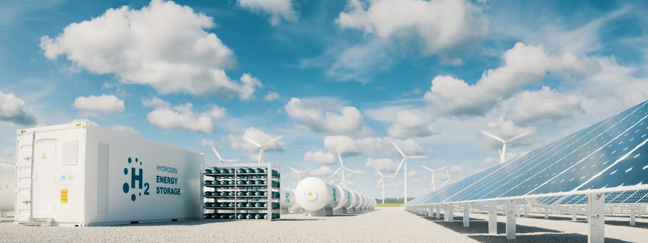 Solar- und Windenergieanlage mit Wasserstoffspeicher in einer ländlichen Umgebung, unter einem blauen Himmel mit Wolken.