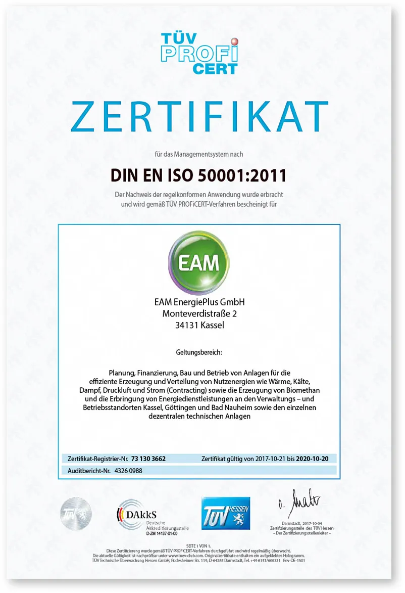 Zertifikat der EAM EnergiePlus GmbH nach DIN EN ISO 50001:2011 für effiziente Energiesysteme.