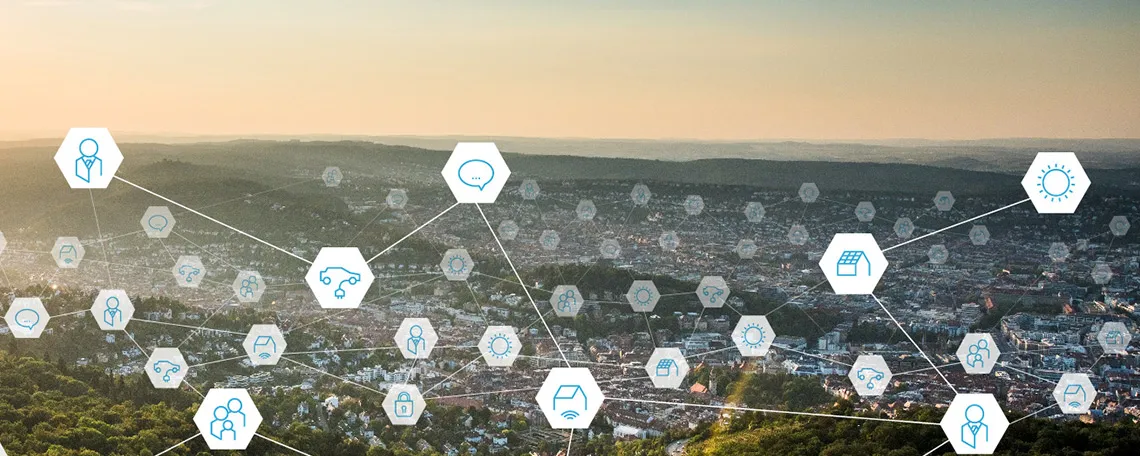 Stadtansicht mit Icons zur Vernetzung, darunter Symbole für Menschen, Mobilität und nachhaltige Energie.