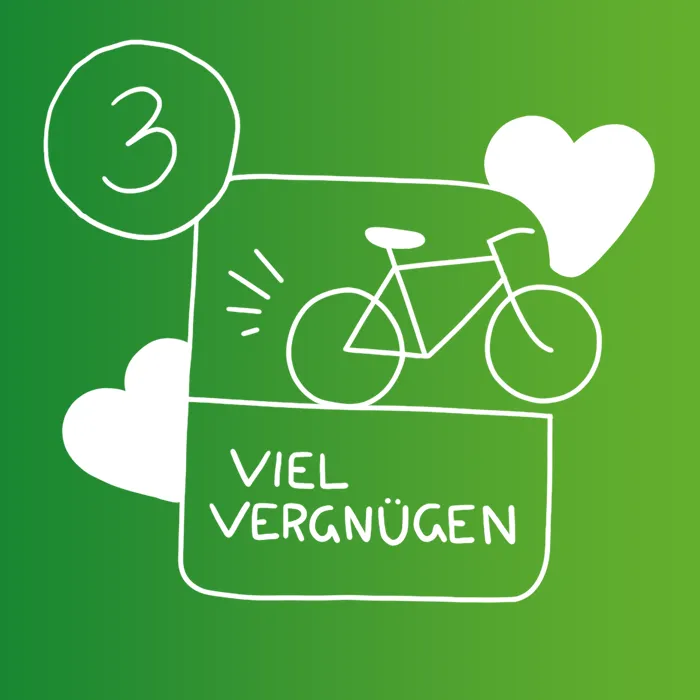 Illustration mit der Zahl 3, einem Fahrrad und dem Text "Viel Vergnügen"" auf grünem Hintergrund."