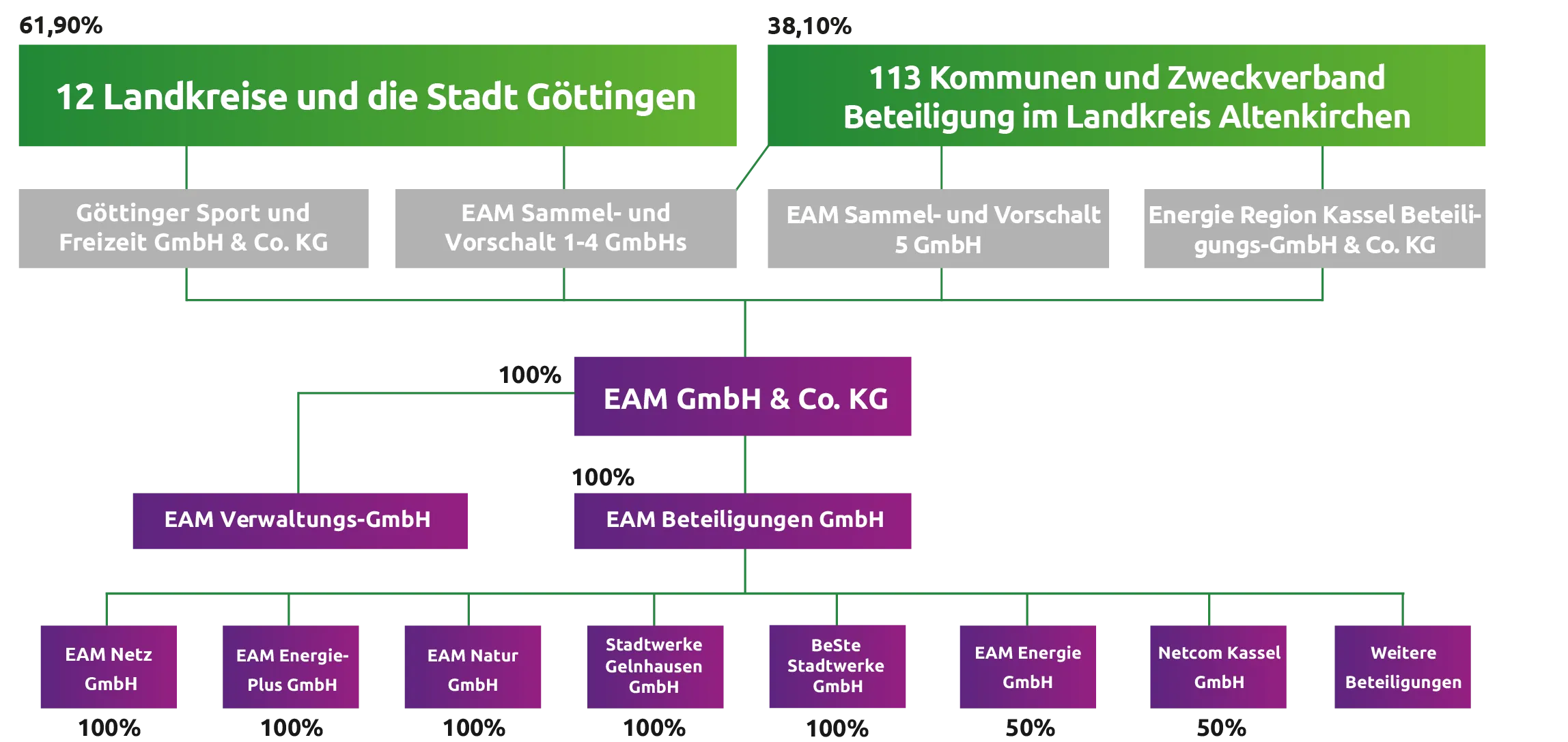Diagramm zur Struktur und den Beteiligungen der EAM GmbH & Co. KG und ihrer Partnerorganisationen.
