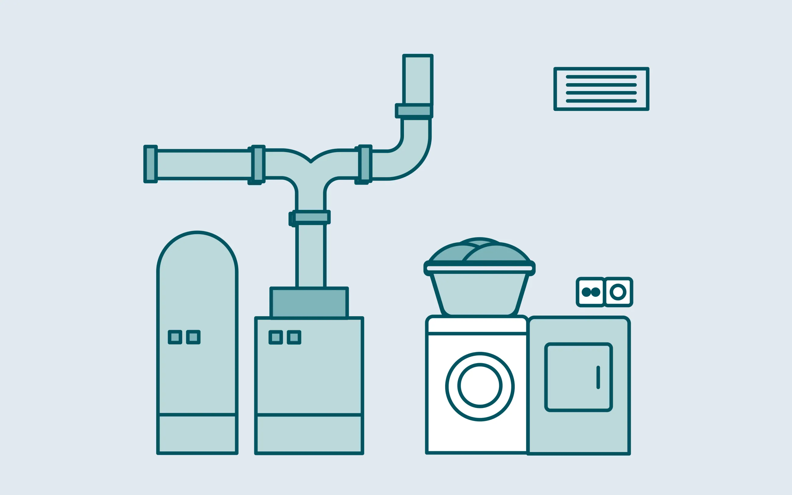 Illustration einer Waschmaschine und einem Waschbecken mit Rohren im Hintergrund.
