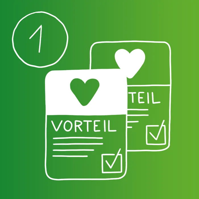 Zwei Grüne Karten mit dem Wort "Vorteil"" und einem Herzsymbol
