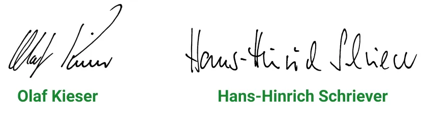Unterschriften von Olaf Kieser und Hans-Hinrich Schriever, jeweils mit Namen darunter in grüner Schrift.