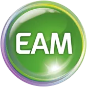 Logo der EAM GmbH & Co. KG: Ein grün ausgefüllter Kreis mit den mittig zentrierten, schlichten weißen Buchstaben E A M, umrandet von einem dünnen Farbkreis mit grünen, weißen und purpurnen Lichteffekten.