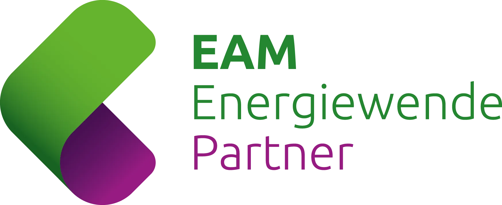 EAM Energiewende Partner Logo mit grünem und lila Farbverlauf, symbolisiert nachhaltige Energiepartnerschaften.