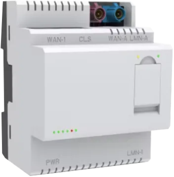 Weißes Gerät mit Netzwerkanschlüssen und LED-Anzeigen für Strom, WAN und LAN.