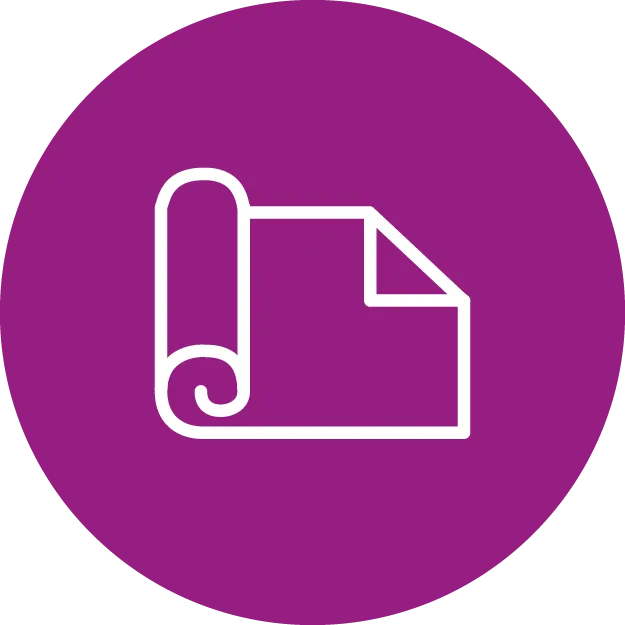 Symbol eines aufgerollten Teils eines Materials auf lila Hintergrund.