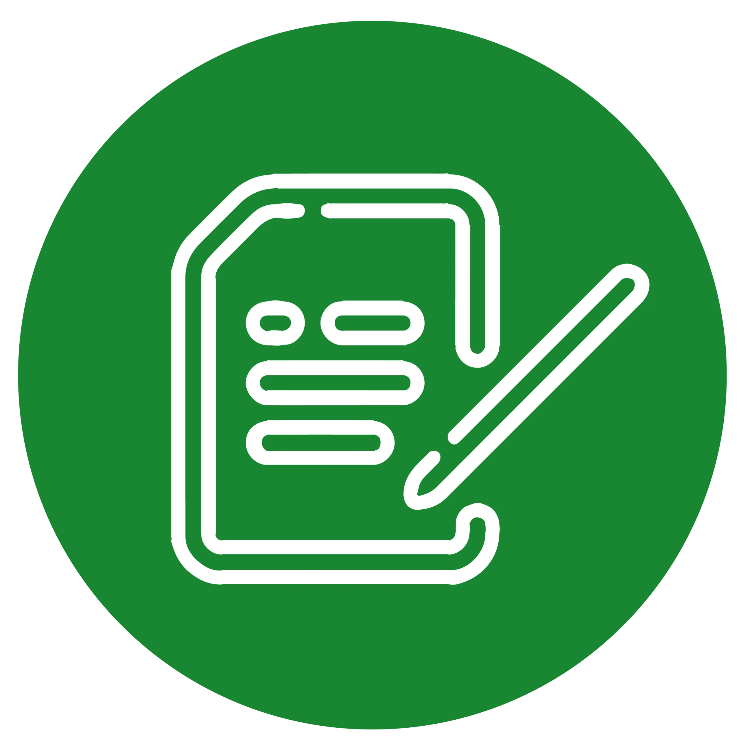 Icon eines Dokuments mit Stift auf grünem Hintergrund, symbolisiert das Verfassen oder Bearbeiten von Text.