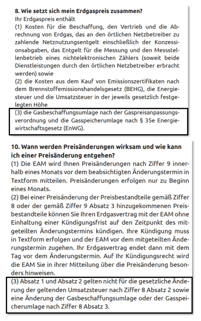 Alt-Text: Textausschnitte mit Informationen zu Erdgaspreisen und Preisänderungen in einem Dokument.