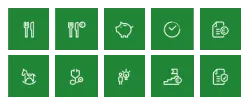 Icons für Essen, Finanzen, Zeit, Gesundheit, Pferde, Menschen, Aktivitäten und Dokumente auf grünem Hintergrund.
